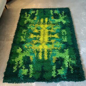 1970's THOR Bold Geometry Contemporary UNUSED Green Rya Rug Mid Century Modern
